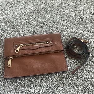 Rebecca minkoff tan brown leather cross body clutch bag flap closure euc summer